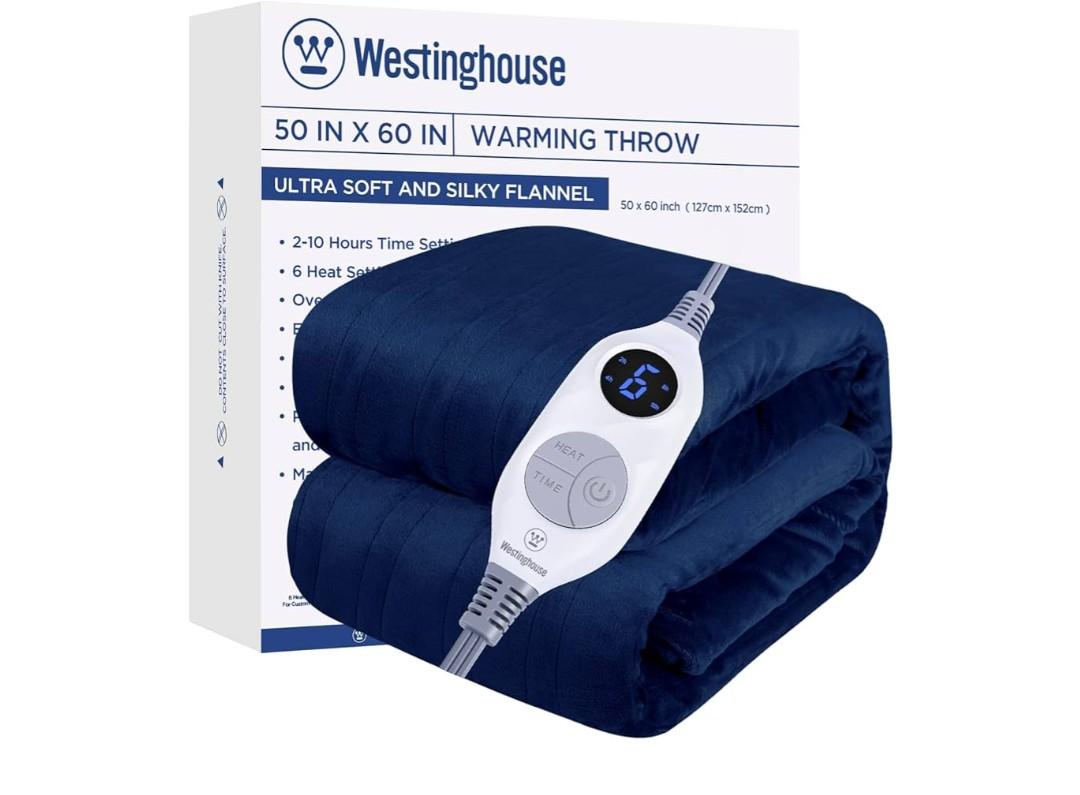Westinghouse Electric Blanket Heated Throw, Super Cozy Soft Flannel 50"" x 60"" Heated Throw with 6 Fast Heating Levels & 2-10 Auto-Off, Machine Washable, ETL&FCC Certification, Navy Blue