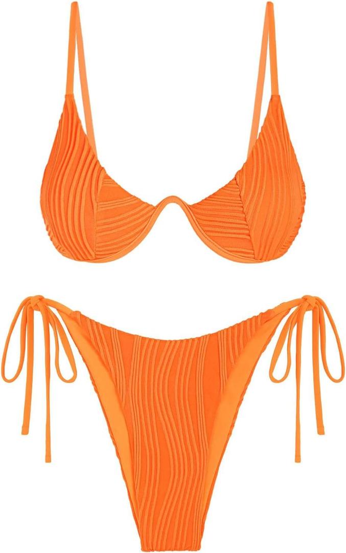ZAFUL Women's Textured Underwire Bikini Set V Notch High Cut Swimwear Tie Side Ribbed Sexy Swimsuits (Orange, L)