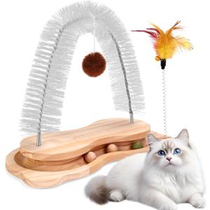 Cat Self Groomer Scratcher, Indoor Cats Rubbing Post Face Back Arch Grooming Massager Brush for Shedding with Kitten Interactive Catnip Ball Track Toy for Chasing Hunting Mental Physical Exercise