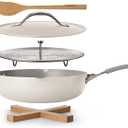 Tramontina All-in-One Plus Pan Set, 5-Quart Ceramic Non Stick Cooking Pan with Lid, Steamer Insert, Bamboo Utensil and Trivet, White