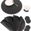 Faux Leather Round Placemats and Coasters, Disko Table Mats and Drink Spills Coasters, Easy to Clean, Double Stitched for Kitchen Dining Table, Diameter 13''and 3.9