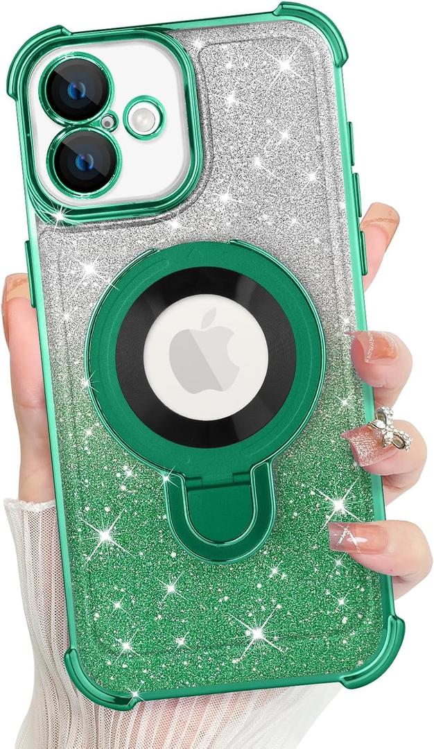 KANGHAR for iPhone 16 Plus Case, Support for MagSafe [Four Corner Cushion Series] Kickstand Electroplate Edge Shockproof Durable Full Body Protection for Girls Women -Green