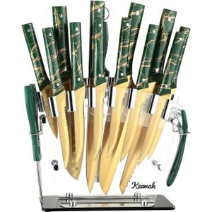 Keewah Knife Set, 16 Piece Kitchen Knives set with Acrylic Stand, Gold