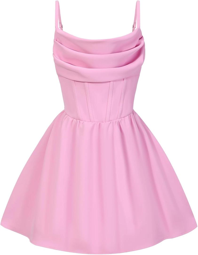 EXARUS Girls Summer Formal Dress Tween Party Dance Graduation Teen Junior HOCO Ruffle Mini Elegant Dresses  (Pink, S)