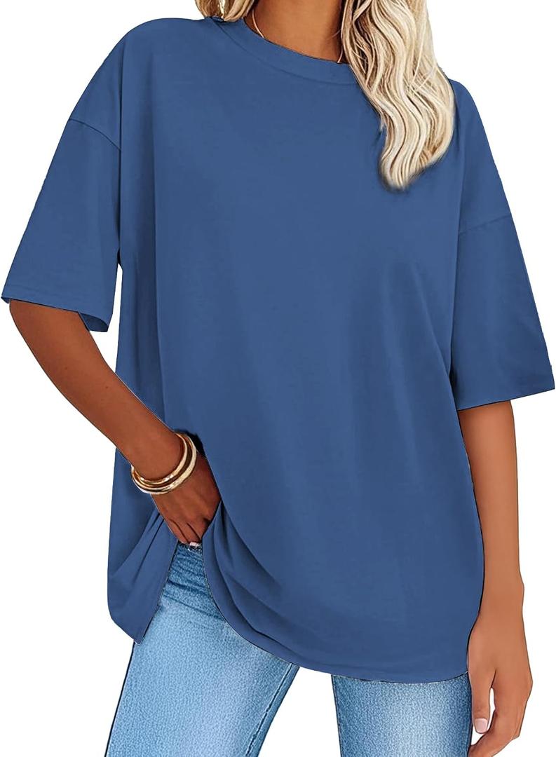 Women's Oversized T-Shirts Short Sleeve Crewneck Summer Tops Casual Loose Fit Workout Basic Tee Shirts (Blue, S)