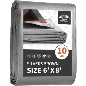 RAINDEWAY 6x8 Feet Tarps Heavy Duty Waterproof,10Mil Thick Multipurpose Poly Small Tarp Cover with Metal Grommets and Reinforced Edges,Silver/Brown Tarp