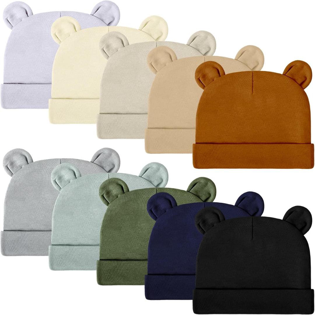 Toulite 10 Pcs Newborn Baby Hat Bear Ears Infant Caps Girl Cotton Newborn Hospital Hat Solid Color Boys Preemie Soft Toddler Beanie for 0-6 Months Baby Autumn Winter