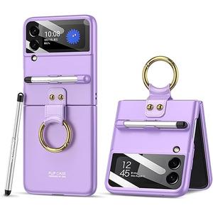 for Samsung Galaxy Z Flip 3 Case with Pen and Ring, Ultra Thin Matte Leather Anti-Drop Phone Cover with Camera Screen Protector for Samsung Galaxy Z Flip 3 5G (ZFlip3-Purple)