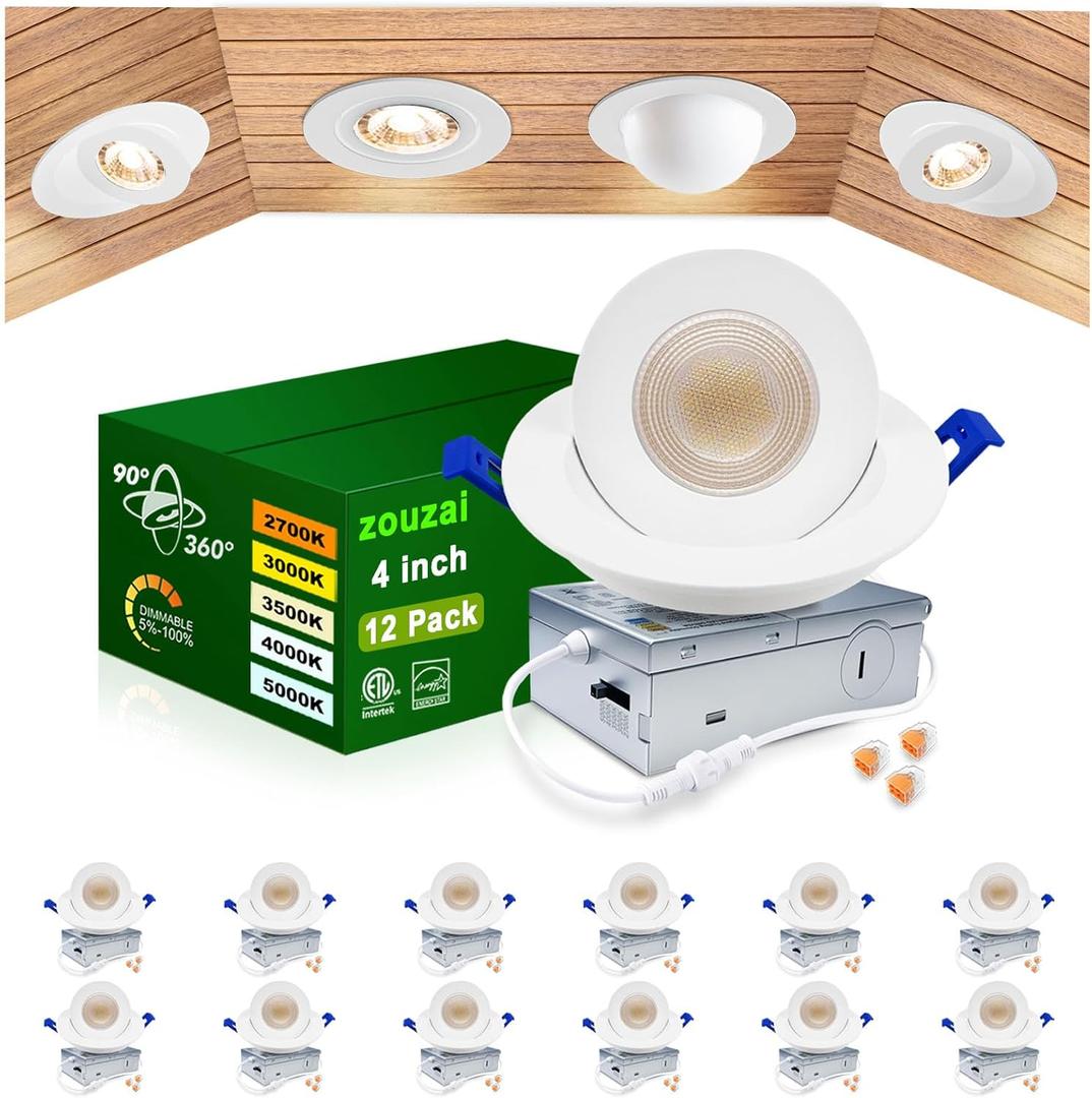 zouzai 4 inch Gimbal Led Recessed Lights, 360+90 Adjustable Directional Recessed Lighting, 2700K/3000K/3500K/4000K/5000K Dimmable Retrofit Eyeball Can Lights with Jbox,ETL(White,12 Pack)