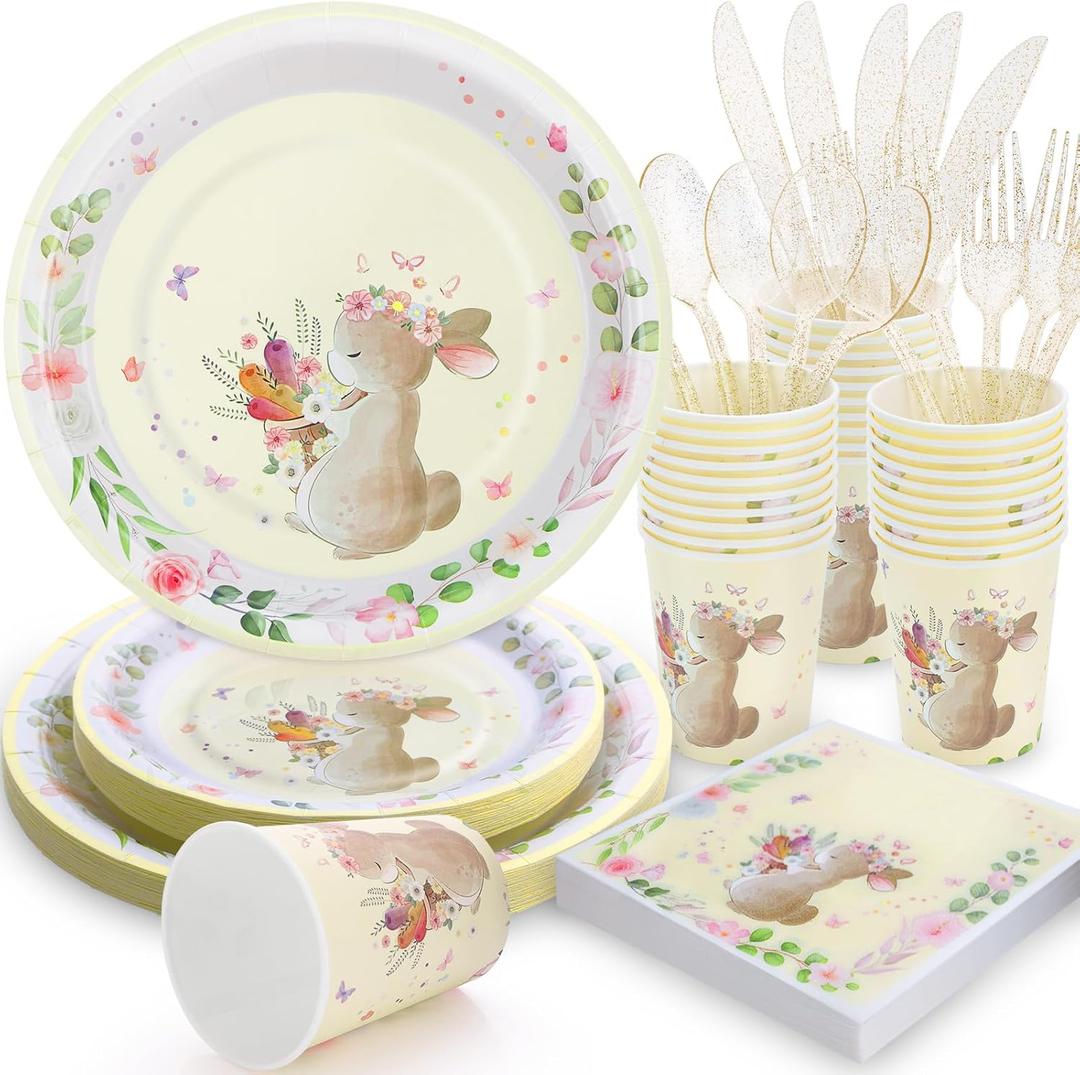 Easter Paper Plates and Napkins-168PCS Easter Dinnerware Bunny Party Supplies includes Paper Plates and Napkins Disposable Serve 24 for Baby Shower Spring Picnic Birthday Party Decorations (9 inch/7 inch)