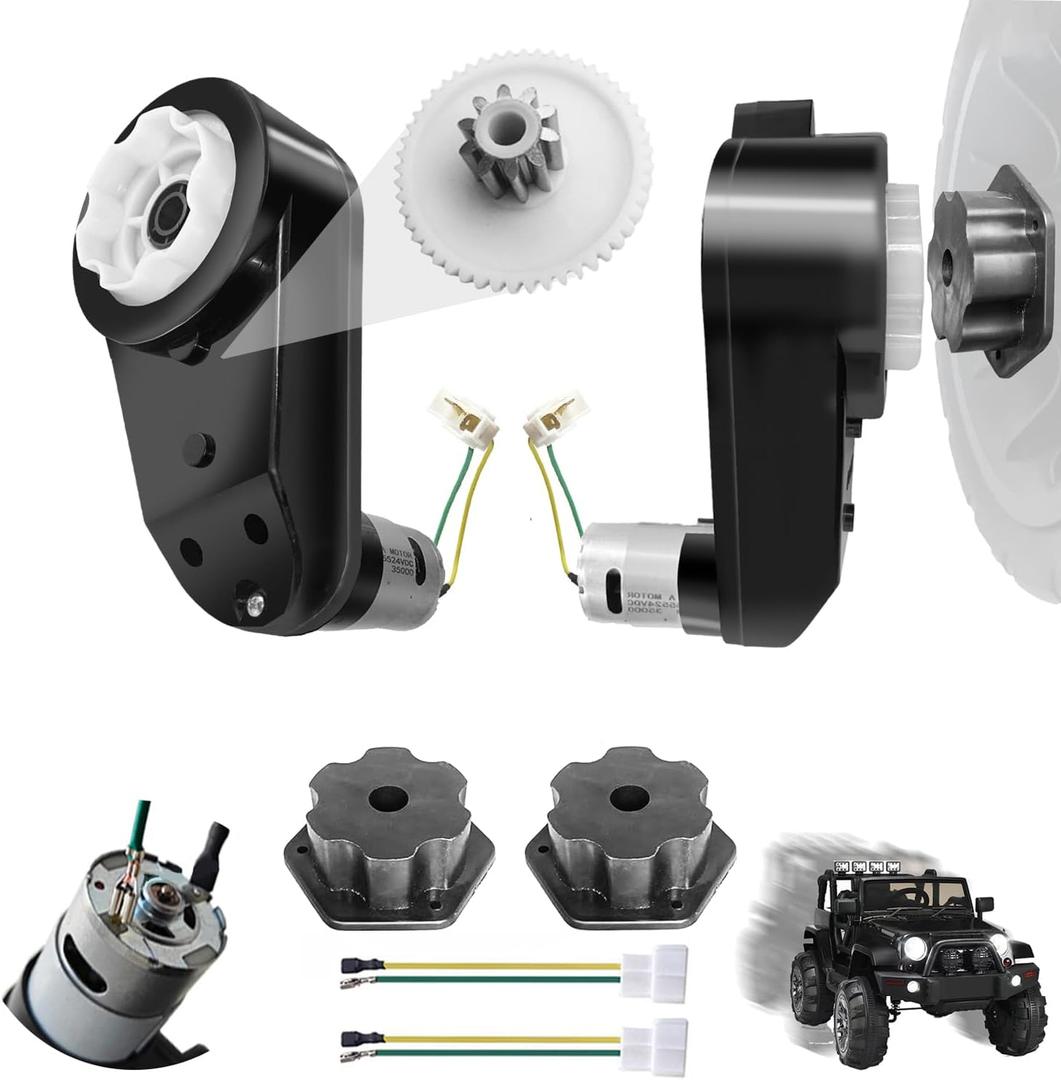 JRRXM 2PCS High Speed 24V RS555 35000RPM Fast Steel Gears Motor Gearbox for Power Wheels Motor Upgrade,18V-24V Kids Ride on Toy Electric Car Conversion Kit for Tire Upgrade,Free Connector Coupler