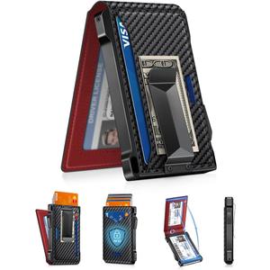 Wallet for Men RFID Wallet with 2 ID Windows & Money Clip, Slim Pop Up Card Holder for 10-12 Cards, Bifold Minimalist Smart Wallet for Front Pocket, Compact Metal Credit Card Holder, Gifts for Men (Carbon Fiber + Red)