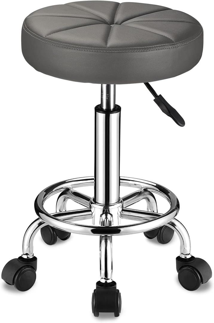 Swivel Stool with Wheels Round Rolling Stools PU Leather Height Adjustable Grey