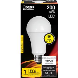 Feit Electric A21 LED Light Bulb, 200W Equivalent, Non-Dimmable, 3050 Lumens, E26 Standard Base, 3000k Bright White, High Output LED Bulb, Damp Rated, 22 Year Lifetime, OM200/830/LED