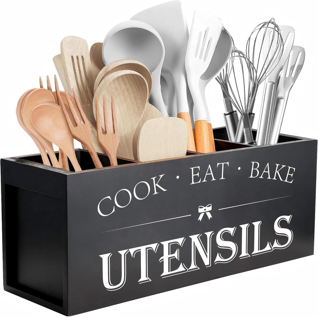 Suli Extra Large Kitchen Utensils Holder with 4 Compartments, Wooden Utensil Organizer for Kitchen Countertop, Farmhouse Kitchen Decor, Rustic Cooking Utensil - Black