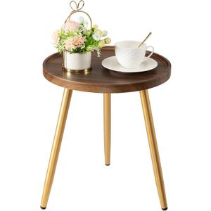 Danpinera Round Side Table, Metal Legged Accent Table with Wooden Tray, Small Round End Table for Living Room, Bedroom, Nursery, Brown & Gold, Round, 14.96-inch Diameter