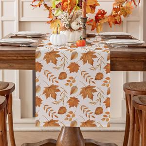 Romanstile Fall Table Runner 13 x 72 Inch, Autumn Thanksgiving Brown Maple Leaves Harvest Farmhouse Style Table Decoration for Dining, Holiday, Party Decor
