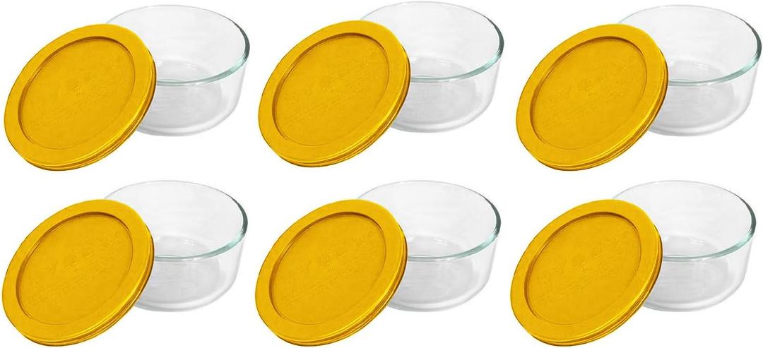 Pyrex Storage Plus 2-Cup Round Glass Food Storage Dish, Yellow Cover (Pack of 6) 