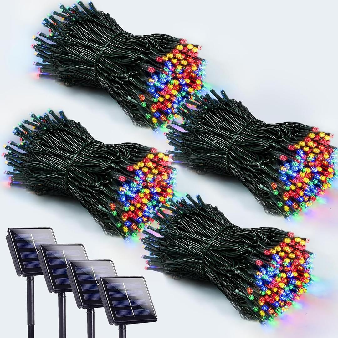 4 Pack 400 LED Solar Christmas Lights Outdoor, Solar String Lights for Outside with 8 Lighting Modes, Waterproof Green Wire Solar Powered Tree Light for Xmas Party Yard Garden Decorations (Multicolor)