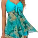 MiYang Womens Tankini Swimdress with Boyshorts Two Piece V Neck Bowknot Halter Bathing Suit Dress (Blue), XL