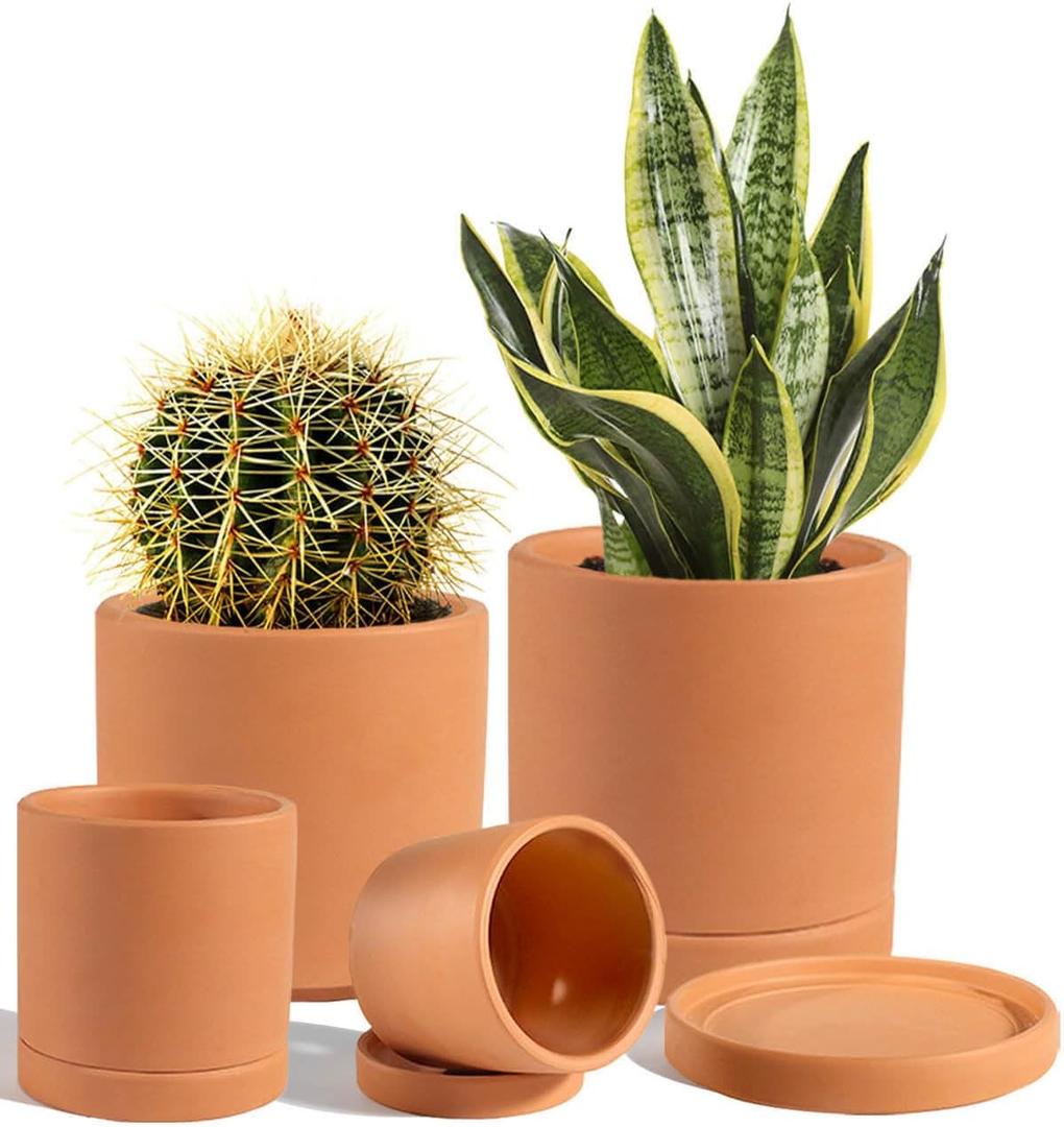Vensovo Terracotta Pots with Drainage and Saucers - 3.5/4.2/5.2/6.0 Inch Clay Planters Set of 4, Round Cylinder Flower Pots for Succulents, Herbs, Indoor Outdoor Plants