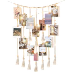 Mkono Macrame Hanging Photo Display Wall Decor with String Lights Boho Room Bedroom Wooden Beads Garland Picture Greeting Cards Holder with 30 Clips (Medium, Beige)