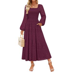 ZESICA Women's Fall Long Sleeve Maxi Dresses 2026 Square Neck Hollow Out Eyelet Smocked A Line Cocktail Party Dress, Fuchsia, Large