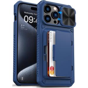 Vihibii for iPhone 15 Pro Max Wallet Case with Card Holder (4 Cards) & Slide Lens Protective Cover & Kickstand & Raised Edges Protect Screen, Shockproof Rugged Case for iPhone 15 Pro Max 6.7", Blue