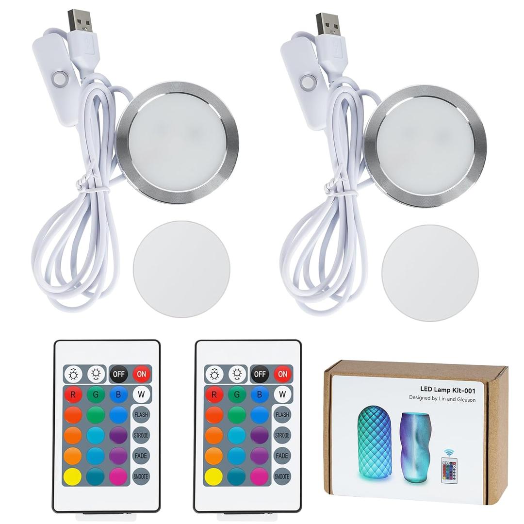 Remote Control RGB LED Lamp Kit for Bambu Lab 3D Printer Accessories-3D Printer DIY Multicolor Light Includes Button Battery Makerworld Hardware Model Spare Parts 5V USB Powered (2pcs)