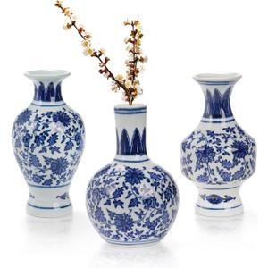 Goaste 3 Pack Small Blue and White Porcelain Vases, 5.5 Inch Tall Mini Vintage Vases, Classic Decorative Bud Vases, Chinoiserie Ceramic Vases for Home Decor, Office, Party Decoration and Events