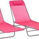 Outsunny 2 Piece Folding Chaise Lounge Chairs, Pool Sun Tanning Chairs with Reclining Back, Breathable Mesh Seat, Headrest for Beach, Yard, Patio, Pink