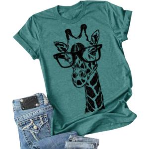 Auburet Womens Giraffe T Shirt Summer Funny Graphic Short Sleeve Crewneck Tees Casual Shirt Tops (X-Large, 1-lake Blue)