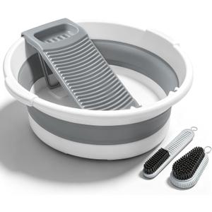 Lounsweer Large Collapsible Washboard Basin for Hand Washing Clothes with 2 Cleaning Brushes Portable Folding Laundry Tub with Non-Slip Washtub for Home Travel Camping, 19.7 x 19.7 x 7 inches