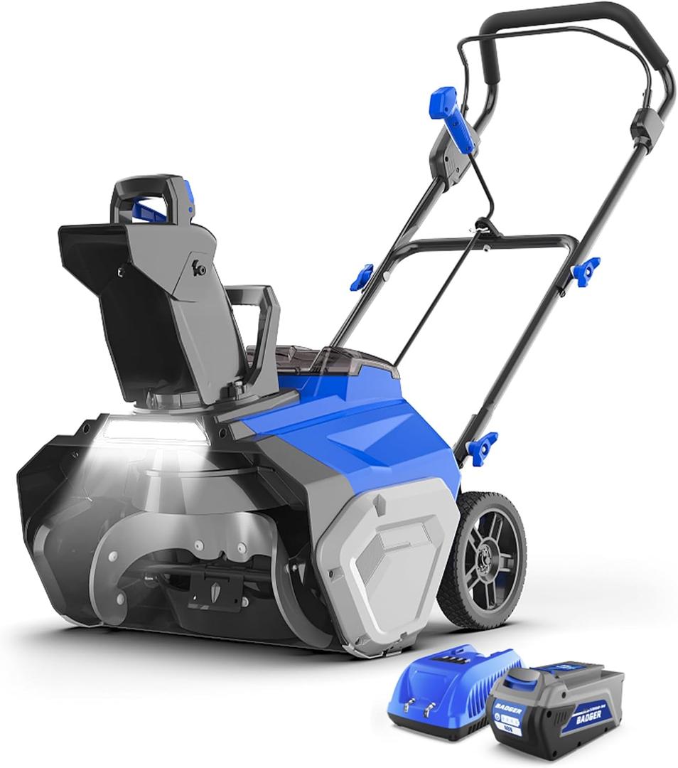 Wild Badger Power Cordless Snow Blower 40V 20" Electric, Brushless Battery Powered with LED Single Stage for Wet Snow and Heavy Snow, Blue