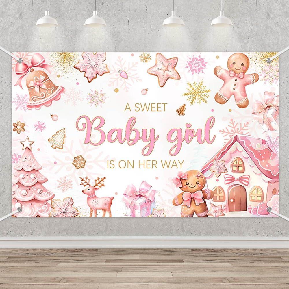 MEHOFOND Christmas Gingerbread Baby Shower Backdrop Banner, Winter A Sweet Baby Girl is On Her Way Party Supplies, Pink Cookie Xmas Snowflake Girls Baby Shower Decorations, Photo Props 70.8x43.3Inch (6x3.6ft)
