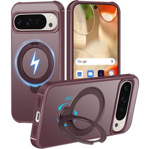 HuwaiH 360 Rotatable Magnetic Ring Stand for Google Pixel 9 Pro XL/10 Pro XL Case, Compatible with MagSafe, Military-Grade Shockproof, Anti-Scratch Matte Translucent Phone Case(Burgundy)
