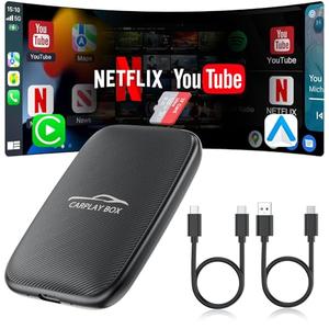 5-in-1 Wireless CarPlay Adapter Support Netflix/YouTube/TF, Wireless Android Auto & Carplay Adapter with USB-A/USB-C Cables, Convert Wired to Wireles Dongle, Magic Video Box Car Play for iPhone