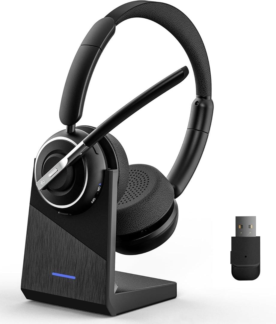(2025 Upgraded) Wireless Headset with Mic for Work, Bluetooth Headset with Noise Canceling Microphone with Dongle, Charging Base & Mic Mute, Wireless Headphones for Work from Home/PC/Computer (Black)