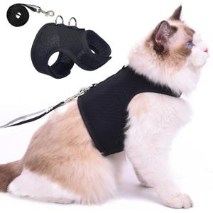 Cat Harness and Leash for Walking Escape Proof Breathable Mesh Fabric, Solid Black, Large, Adjustable Cat Walking Jackets, Padded Stylish Cat Vest (L 8-12LBS)