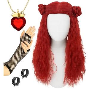 Swooflia Red Curly Wig for Women & Cosplay Accessories  Convenient Set Includes Adjustable Wig Cap, Necklace, Earings, Sleeve, Cosplay Wig for Halloween, Costume, Party and Daily Use (W24)