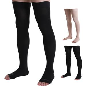 Doc Miller Thigh High Open Toe Compression Stockings 15-20mmHg for Varicose Veins, Pregnancy Support Open Toe Thigh High Compression Socks for Women and Men (Large, Black)