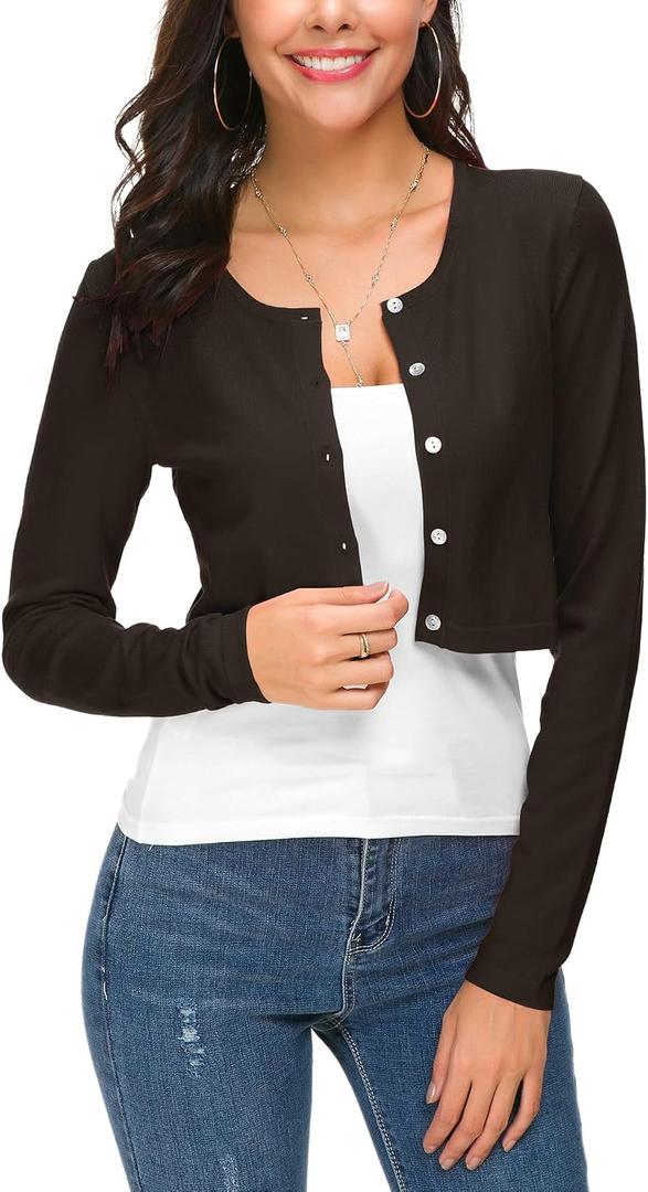 EXCHIC Women's Cropped Knit Cardigan Sweater Long Sleeve Button Down Open Front Bolero Shrug for Spring and Fall L