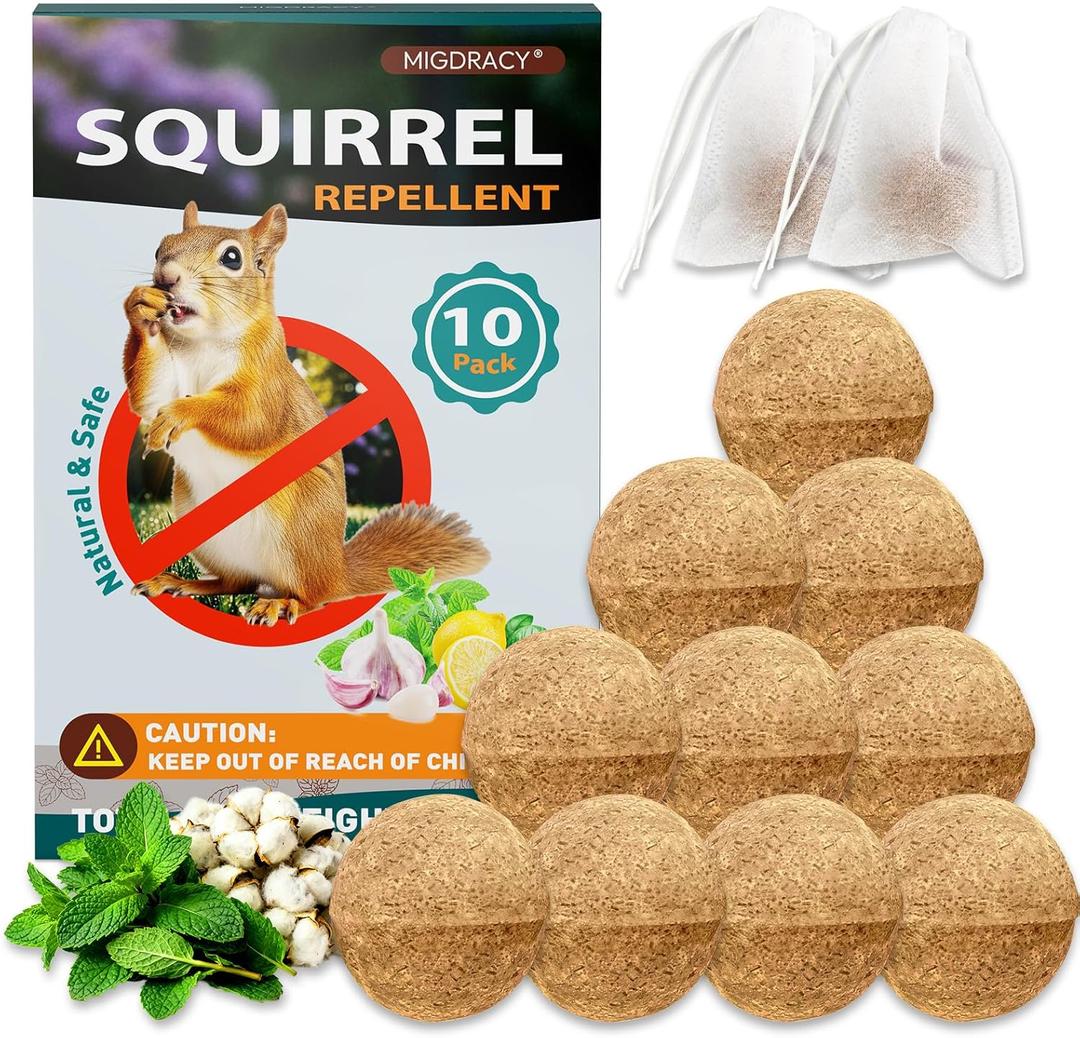 Squirrel Repellent Balls, 10 Pack Natural Plant-Based Formula, Long-Lasting Outdoor Animal Deterrent, Repel Skunk, Chipmunk & Raccoon, for Yard, Garden, Attic & Car Engine