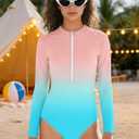 Girls Swimsuit 10-12 Girls One Piece Swimsuits Pink Blue Gradient Zipper Girl Rash Guard Swimwear Teen Girl Long Sleeve Bathing Suit UPF50+ Sun Protection Swim Suits