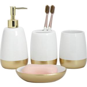 Elegant White with Gold Bathroom accesory Set 4pc,Toothbrush Holder soap Dispenser soap Dish Tumbler Cup for Bathroom Decor Morden Style (White 2)