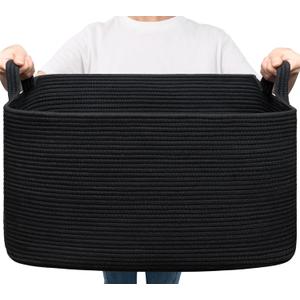 Goodpick Large Blanket Basket Living Room, 21.6" x 14.9" x 11.8" Woven Storage Basket for Blankets, Toys, Rectangle Rope Dirty Clothes Baskets for Nursery, Bedroom, Black