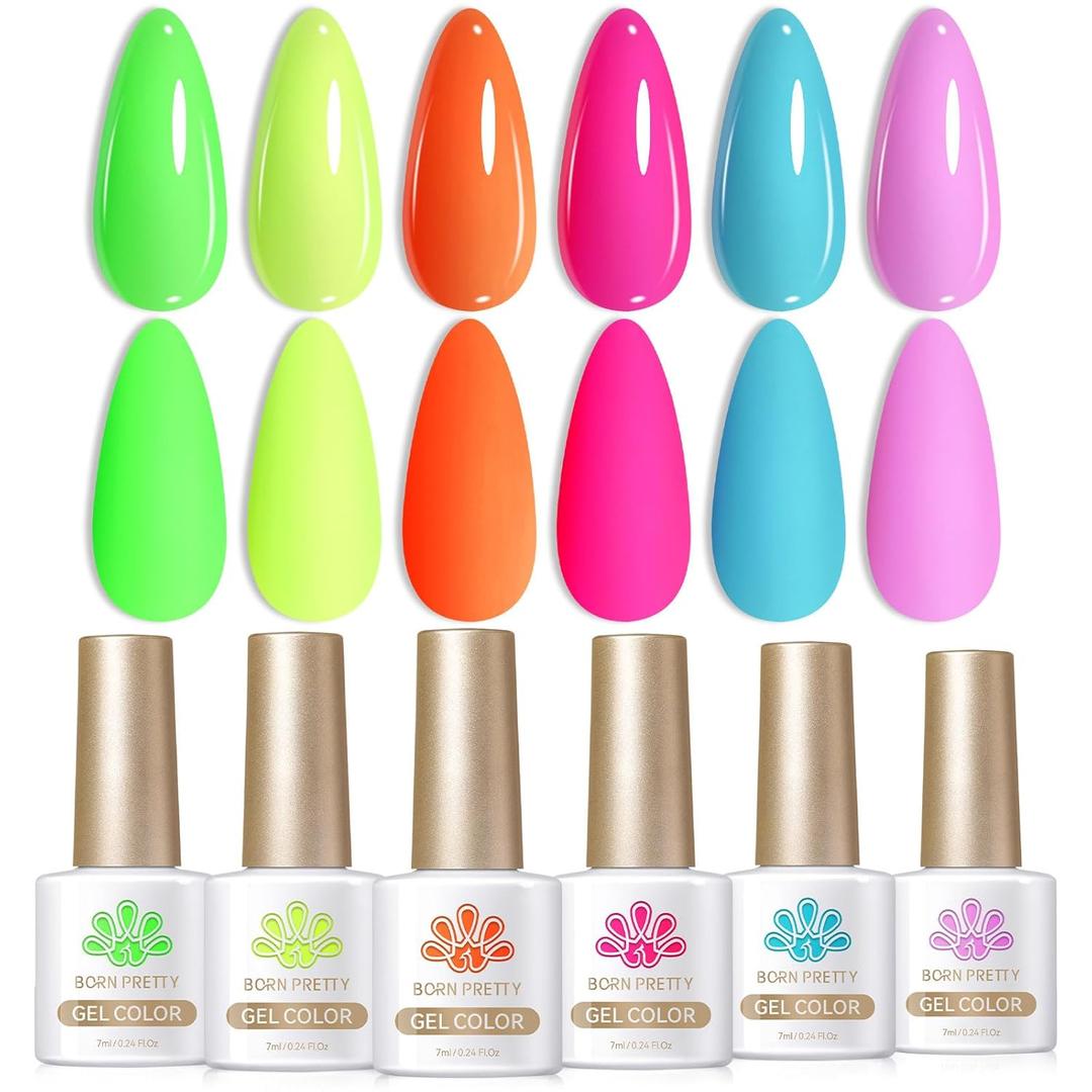 Born Pretty Gel Nail Polish Spring Summer Neon Fluorescent Orange Hot Pink Blue Yellow Green Purple Soak Off U V LED Gel Nail Polish Set Nails Art 7ml 6pcs