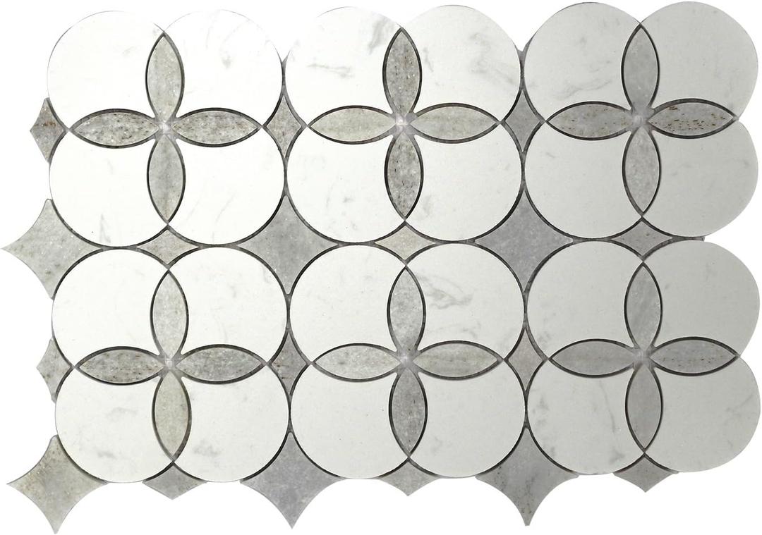 Anemone Flower Stone Mosaic 5 Sheets Mixed Color Italian Gray Marble Stone Kitchen Backsplash Water Jet Mosaic Flooring Tile Interior for Kitchen Backsplash Wall 4.65 sq. ft. (Natural White +Gray)