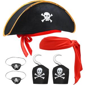 6 Pcs Pirate Costume Accessory Set, Black Captain Hat with Skull Emblem, Red Headband, Eyepatch & Hook Props for Halloween Theme Party