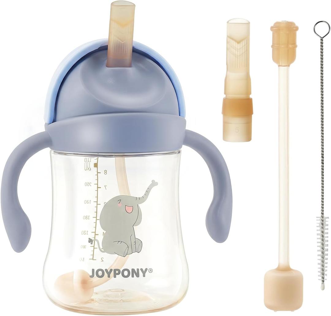 Joypony Sippy Cups for Toddlers 1-3, Spill Proof Weighted Straw Cup with Handle for Baby 6 Months + old, 2 Silicone Straws, PPSU, BPA Free, 9 oz (Blue)